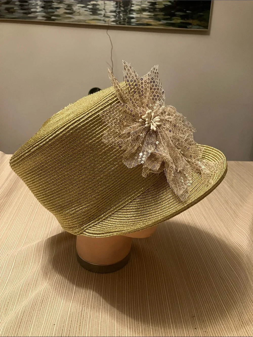 Chic Metallic Gold Hat with Champagne Gold Sequin Floral Appliqués